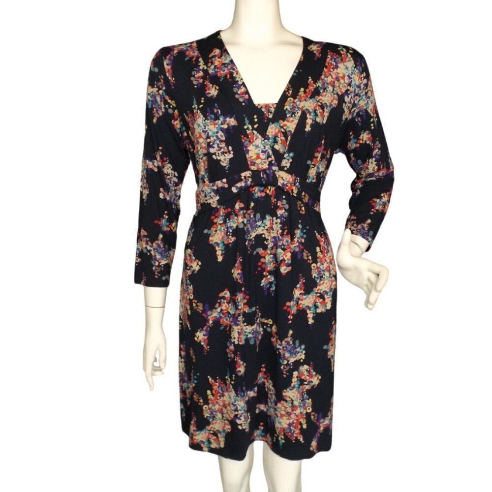 BODEN Dress, 14R, Blue/Multicolor Floral, V-neck, 3/4 sleeve, Above Knee